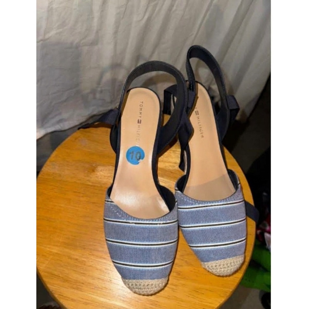 Tommy Hilfiger Blue Striped Espadrille Wedge Sandals Navy Ankle Tie Women 10M